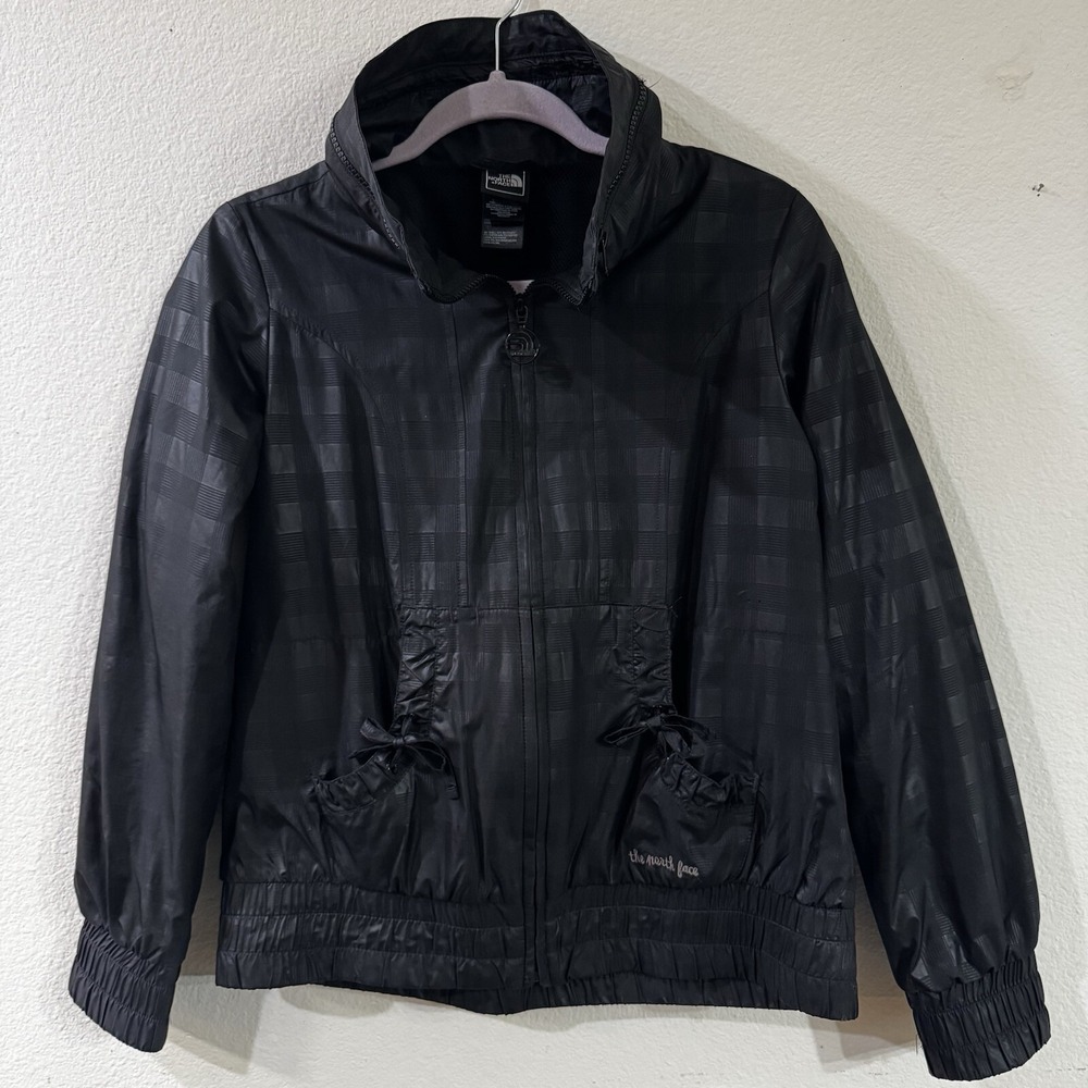 North Face Womens Jacket S Black Full Zip Soft-shell Windbreaker Bows Cursive